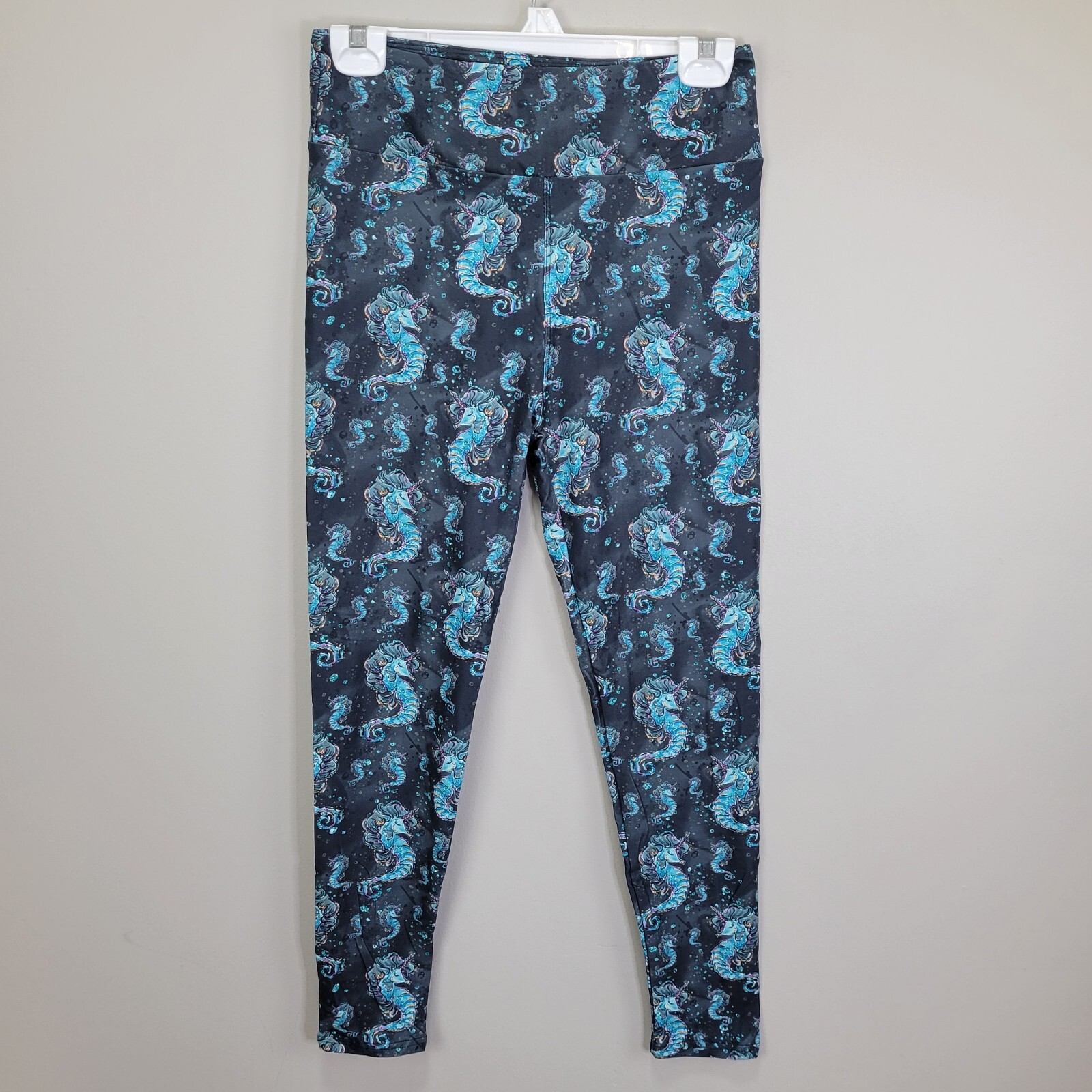 Turquoise Seahorse Print Polyester Spandex Blend Leggings One Size Fits All