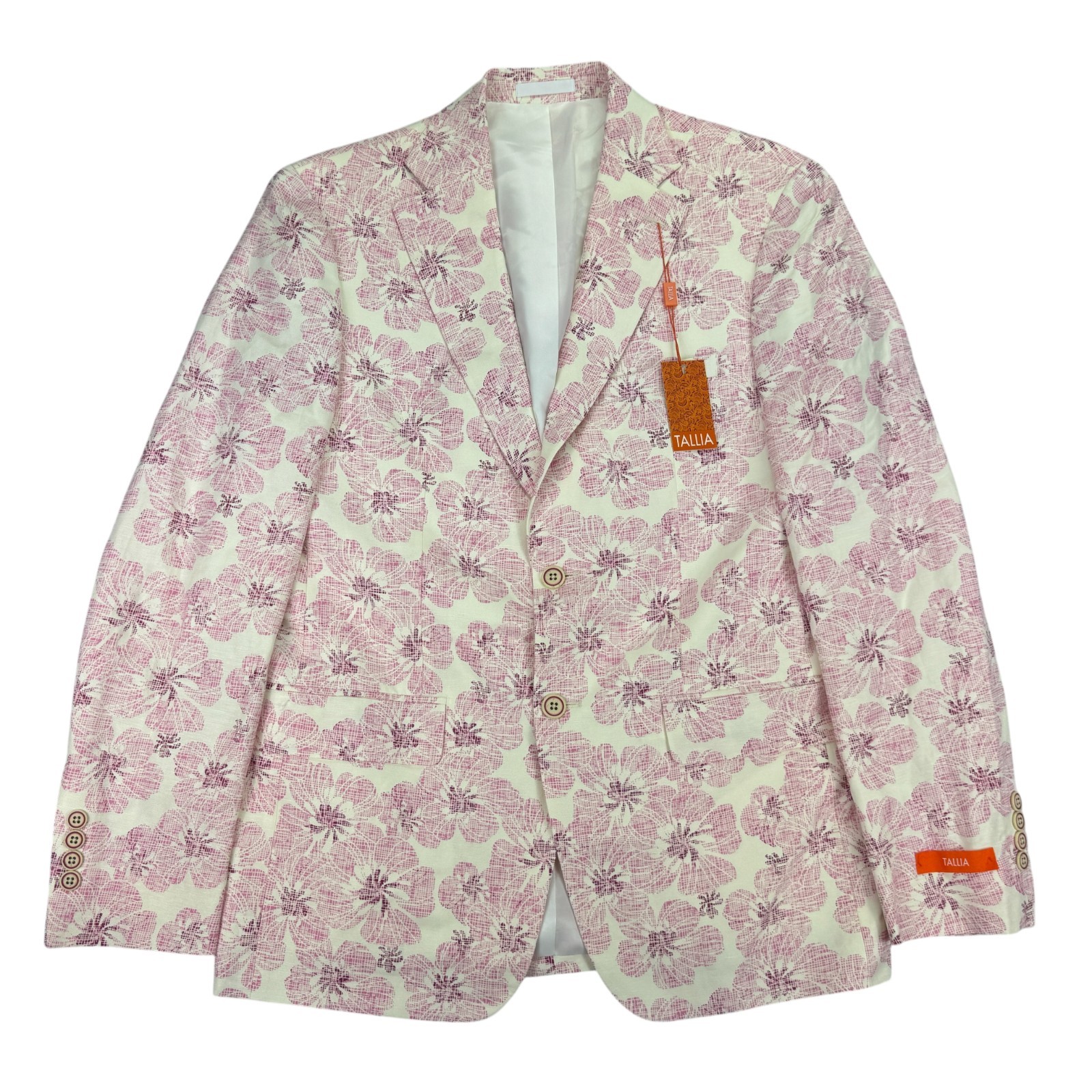 Tallia Mens Slim Fit Floral Print Linen Rayon Sport Coat White Pink 40R