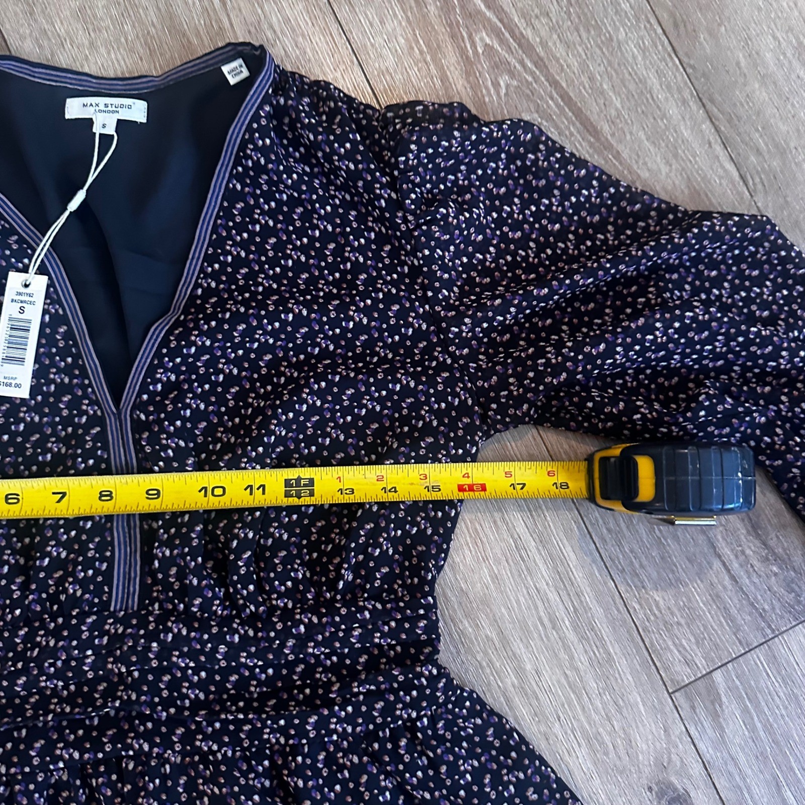 Max Studio London V-Neck Mini Dress Black Purple Dot Print 3901Y62 Size S NEW