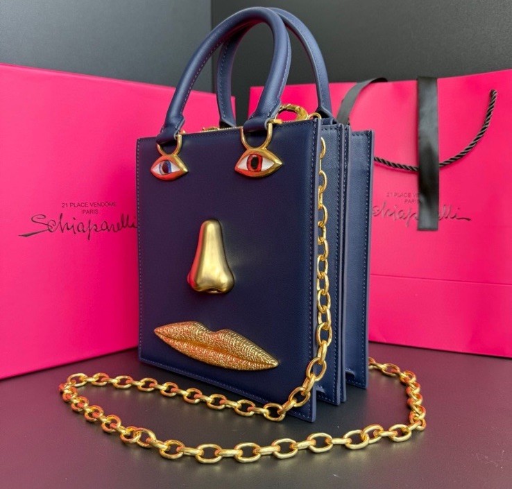 SCHIAPARELLI Style Large Blue Navy Inspired Leather Anatomy Bag.