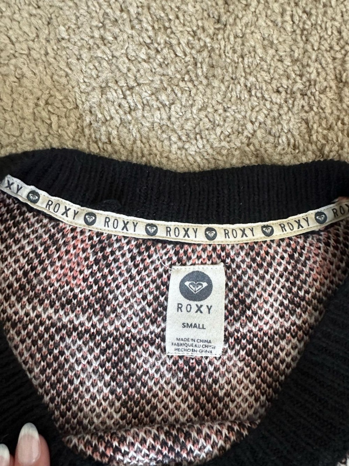 Roxy Black White and Coral Geometric Knit Sweater