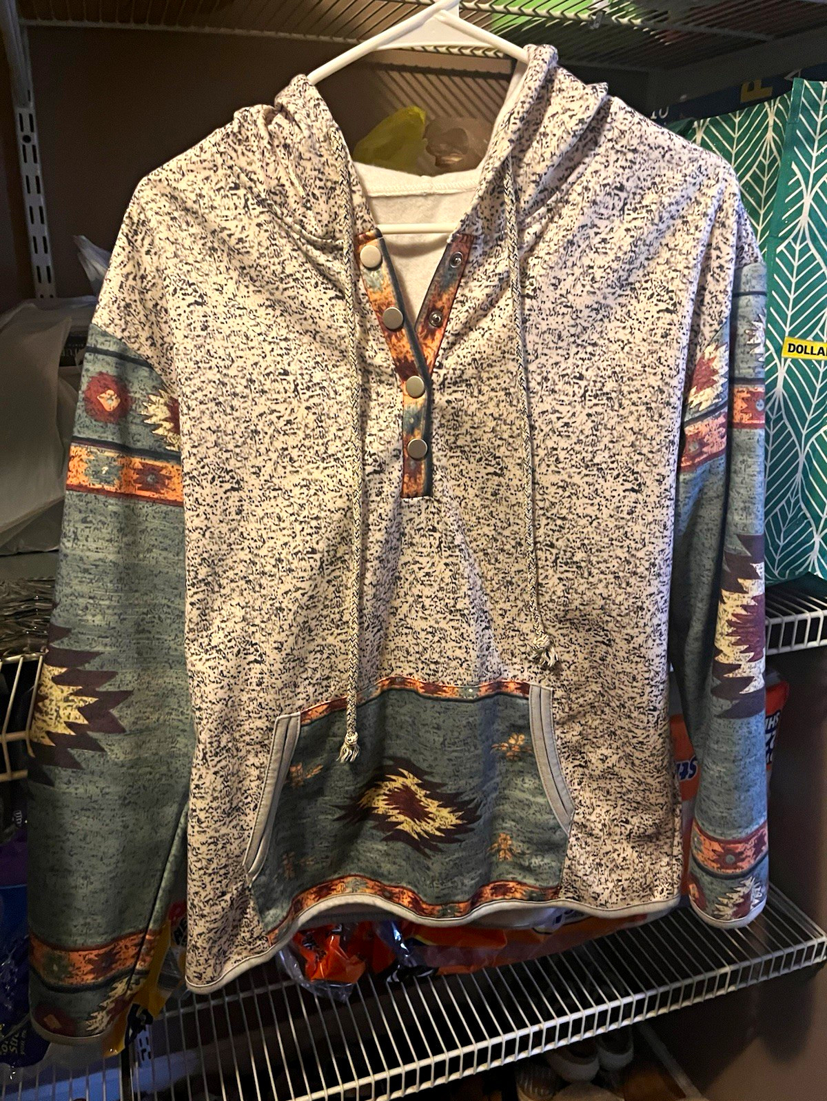 Aztec Geometric Pullover Hoodie Gray/Blue Button Neck Pockets Drawstring S
