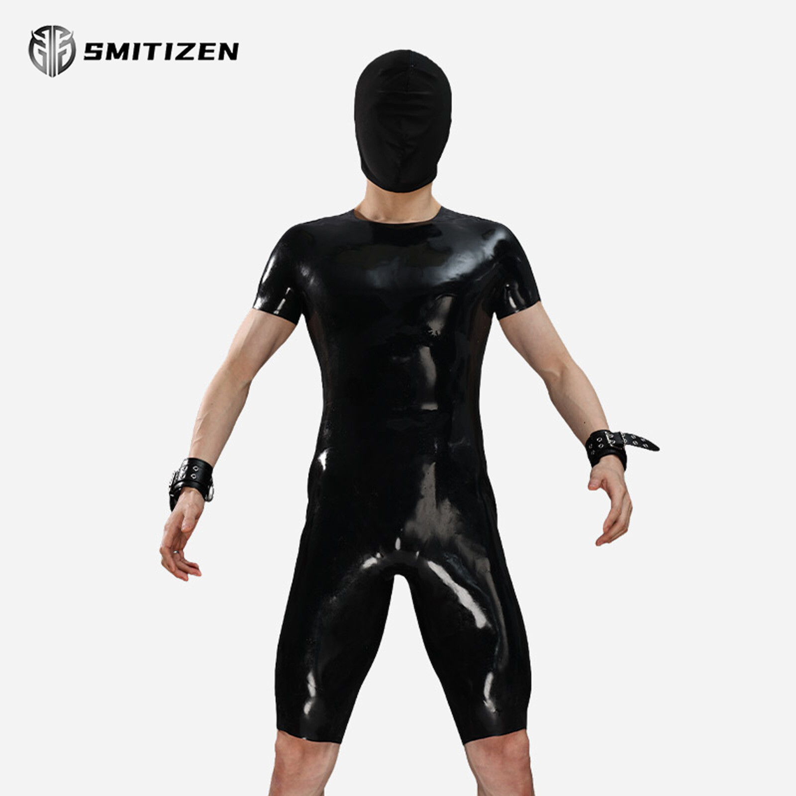 Smitizen Neck Entry Short-sleeve Silicone Half Catsuit Tight Glossy Suit for Gay