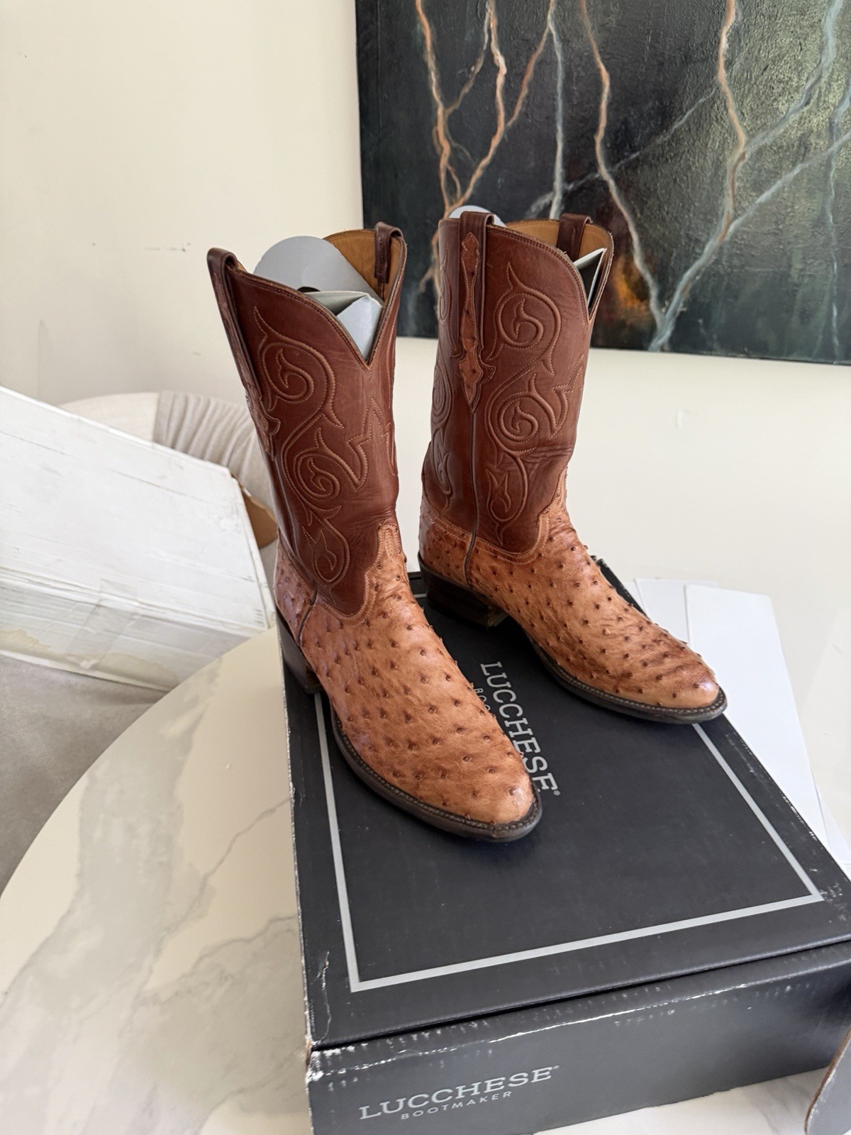 Lucchese Classics Handmade Ostrich Boots 9EE Tan/Lt Brown Barnwood From Allen’s