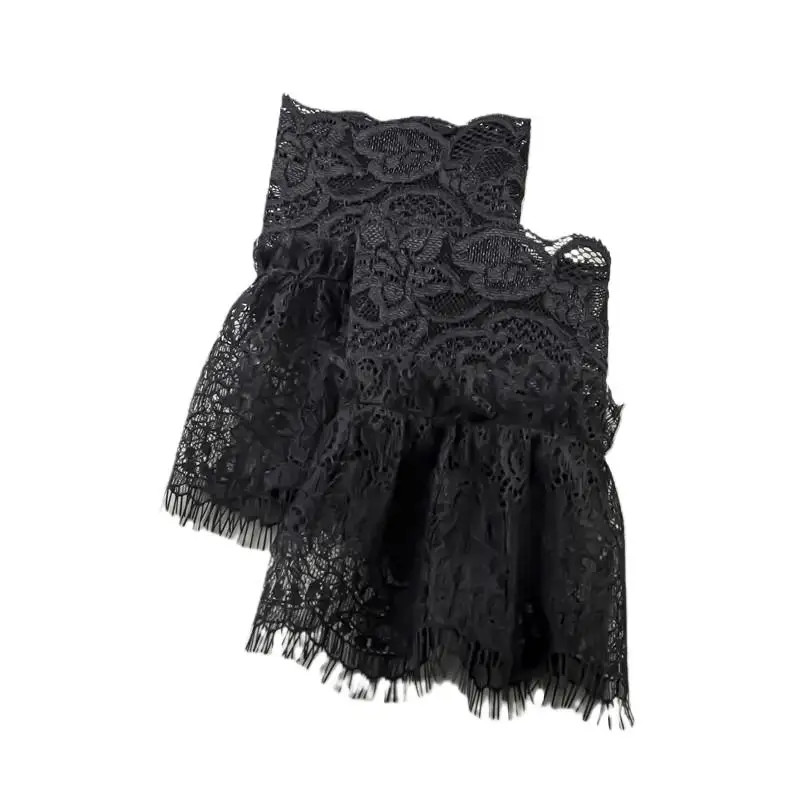 Women Fake Arm Sleeves with Short Tassels White and Black Pleated Cuff Beautiful