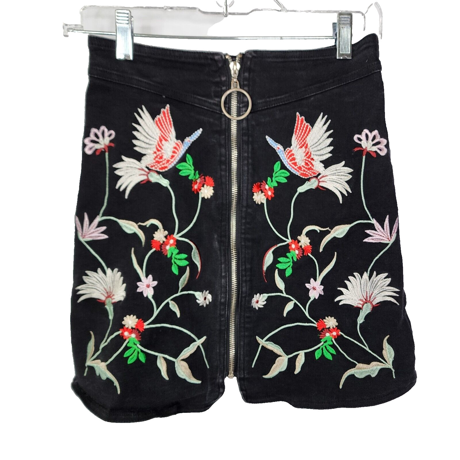 NEW Umgee Embroidered High Waist Denim Skirt Front Zip Asian Oriental Mini Small
