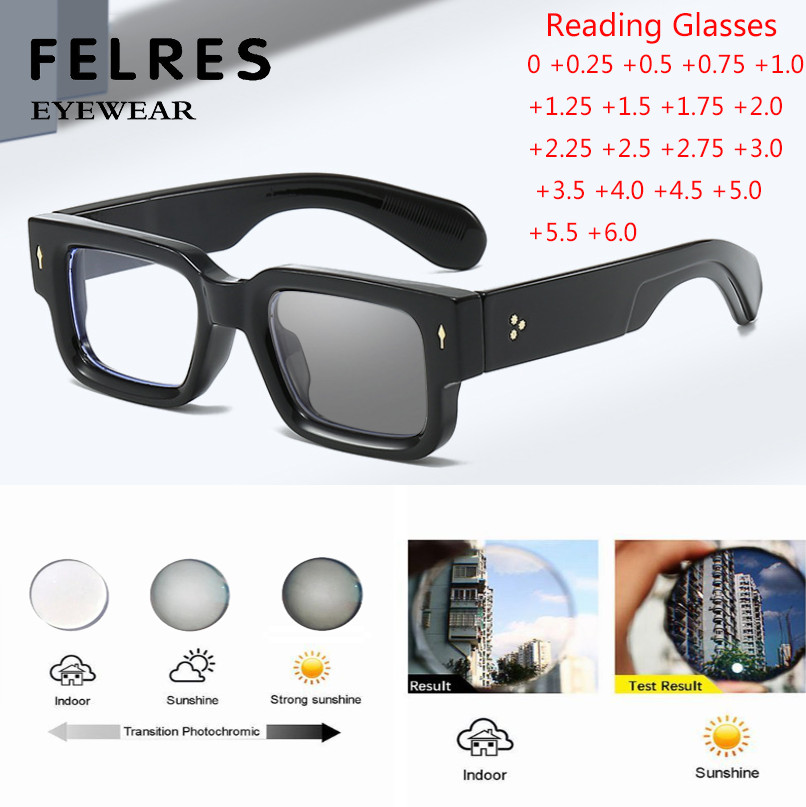 Men Women Square Classic Photochromic Reading Glasses Thick Frame Sunglasses