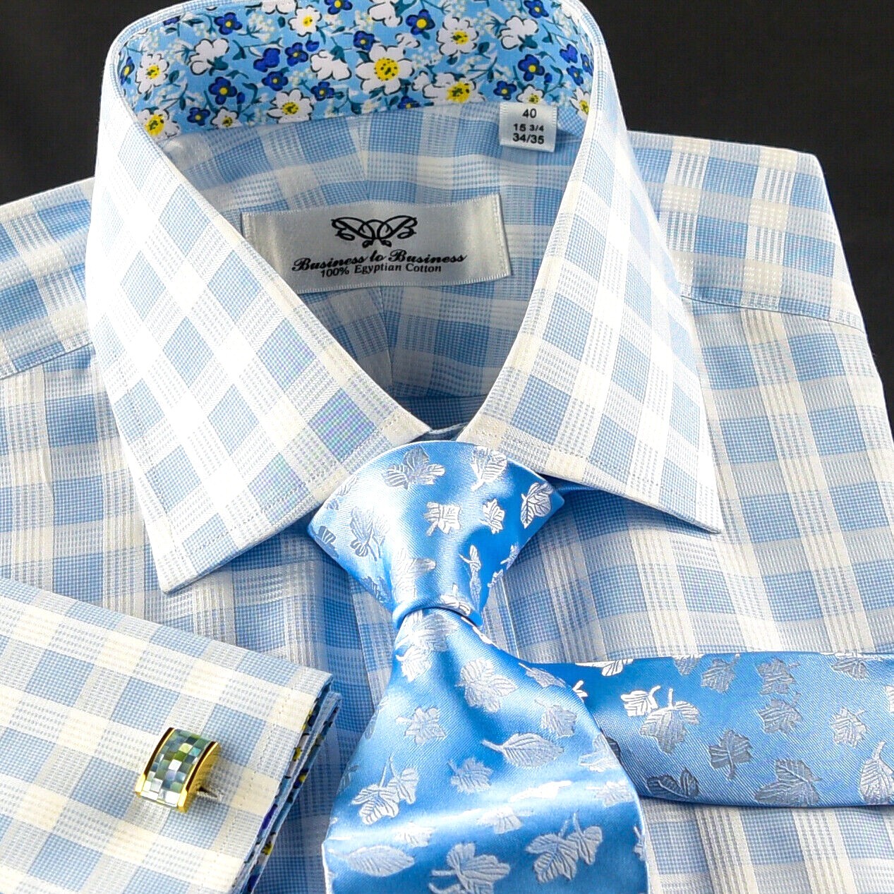 Blue Check Formal Business Dress Shirt Wih Blue Floral Inner Lining Double Cuff