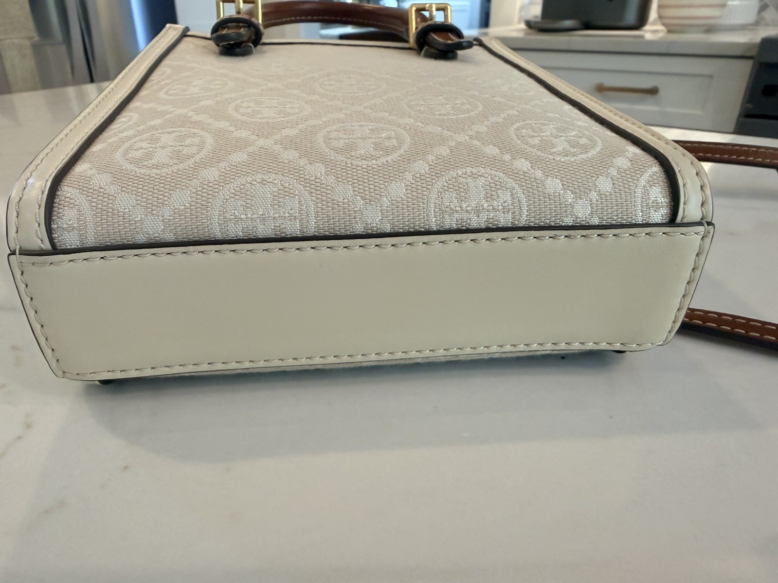 Authentic Tory Burch T Monogram Ivory Mini N/S Tote Crossbody Purse Bag 150217