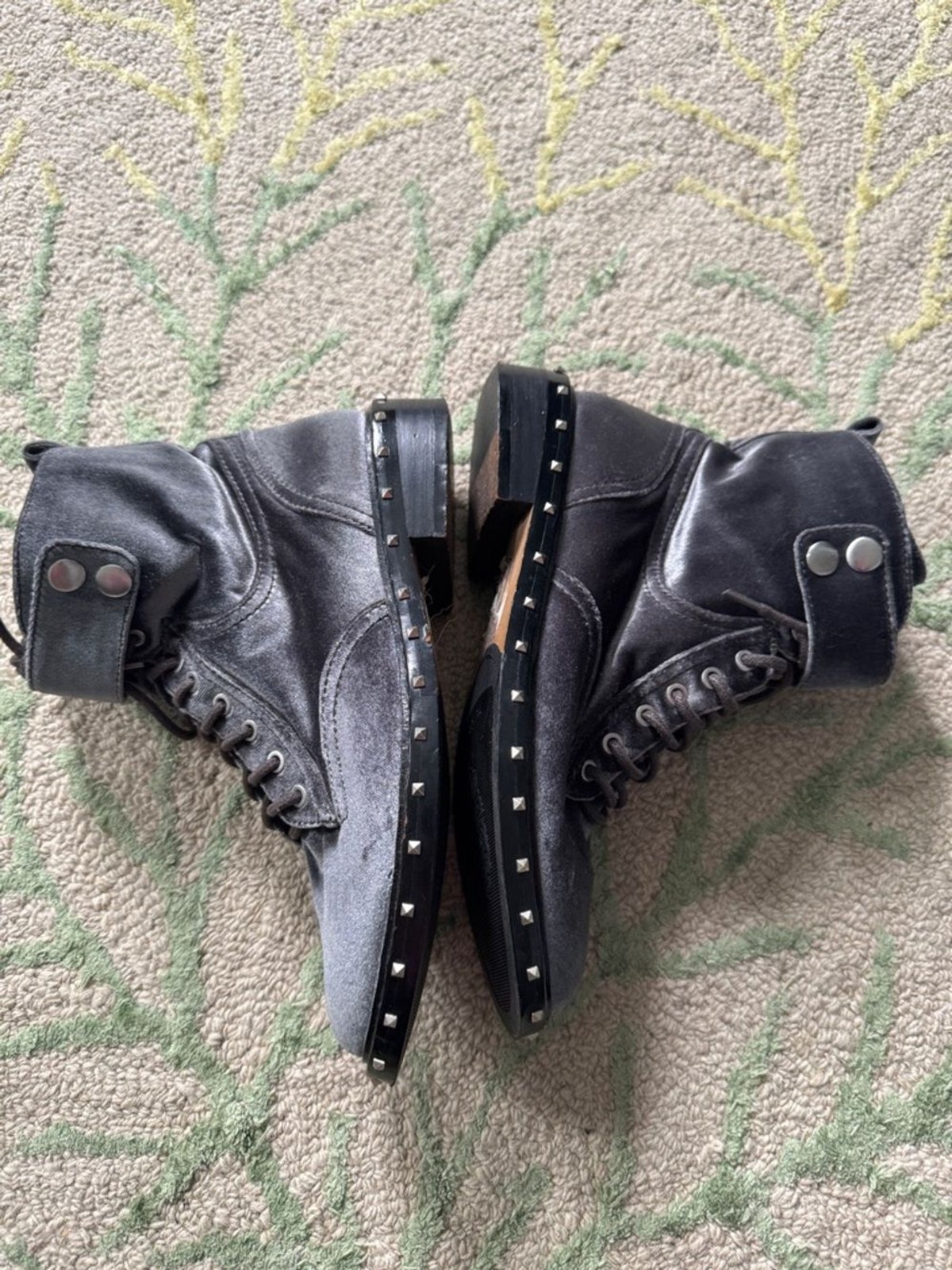 Vince Camuto Talorini studded velvet combat boots in a grey or “granite” 6