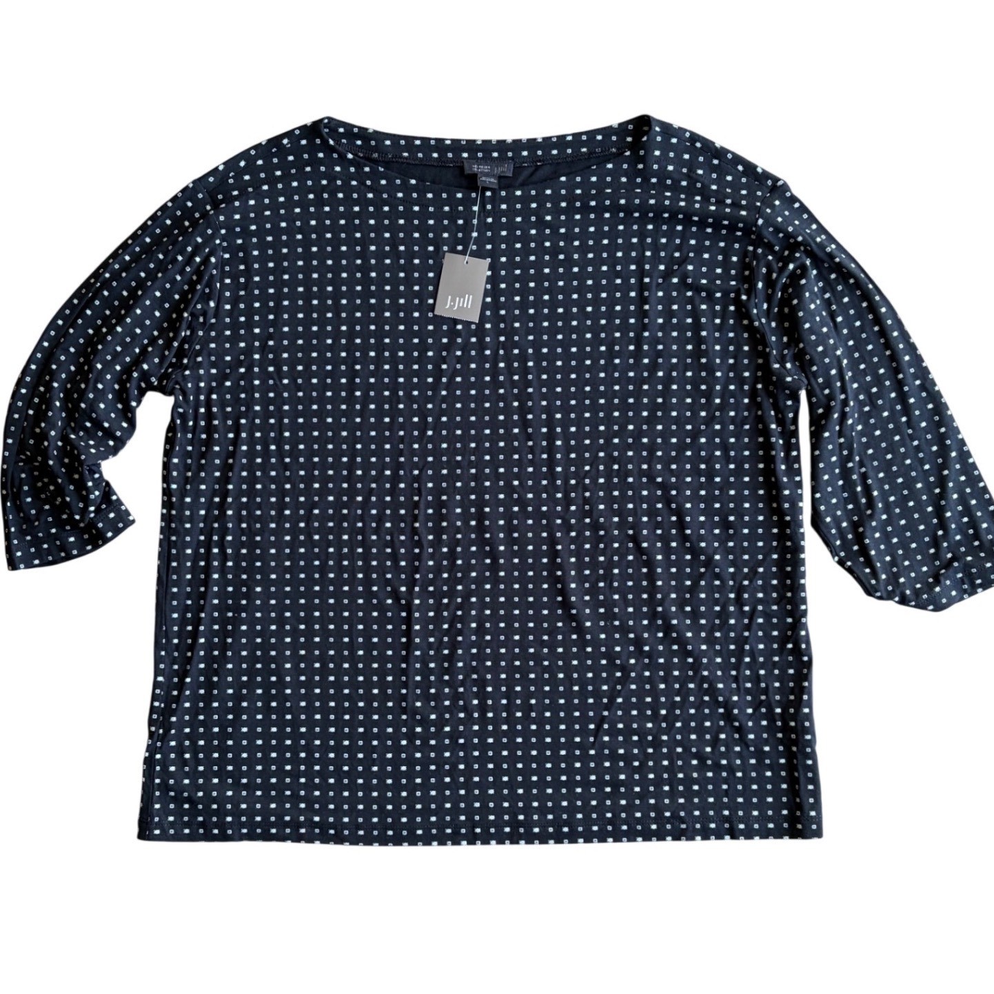 J. Jill Wearever Diamond Dot Top Womens Large Black White 3/4 Sleeve Boat Neck