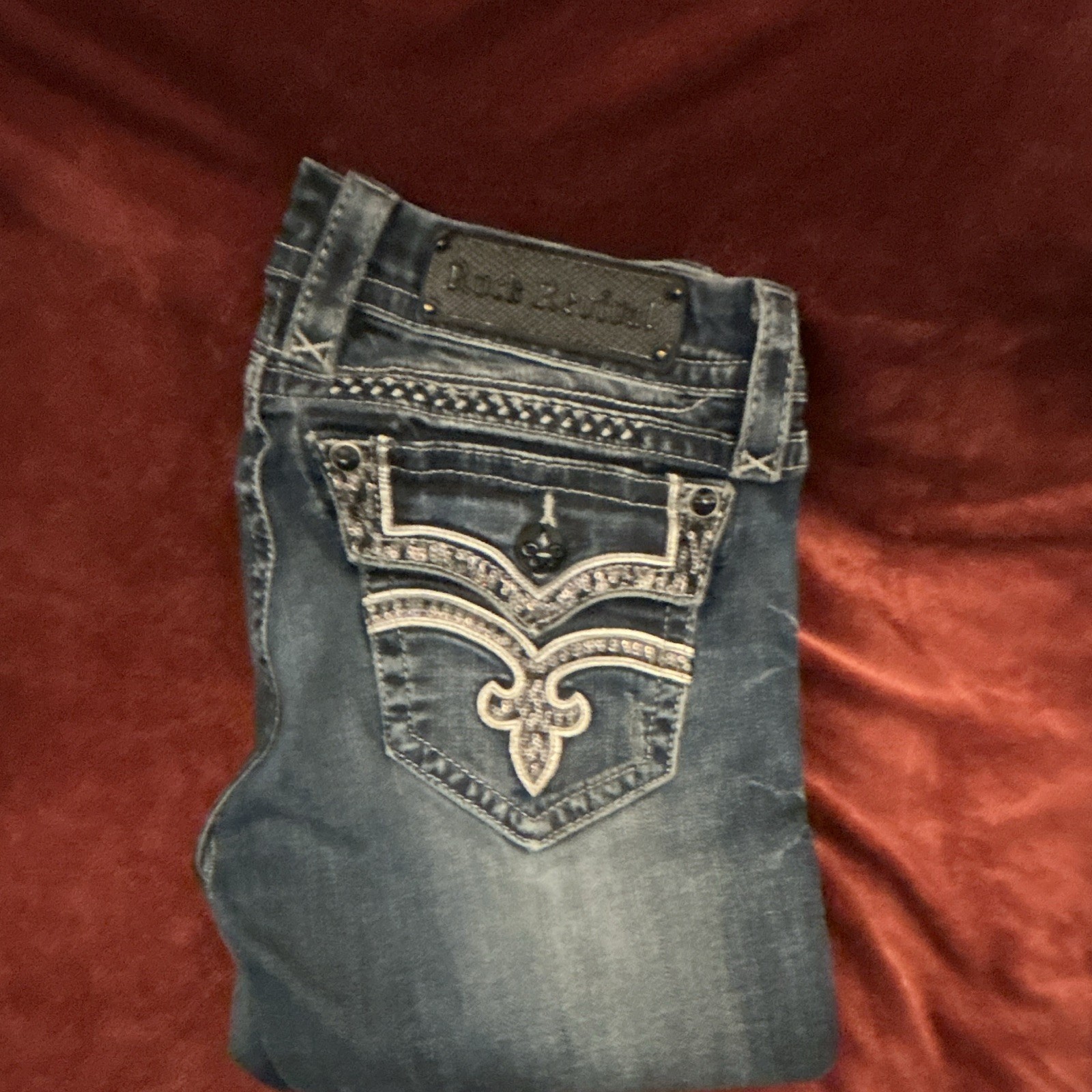 Rock Revival Women’s Blue Medium Wash Bootcut Jeans Slim Mid-Rise Studded