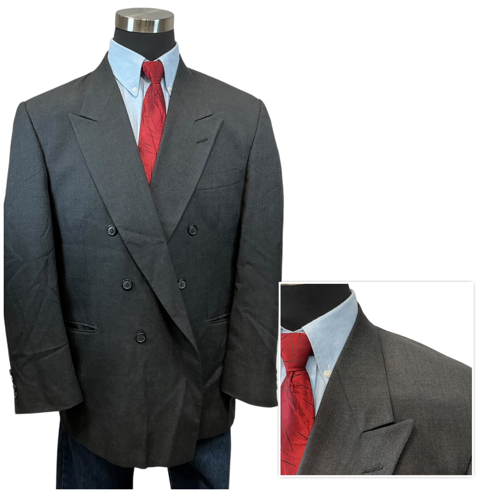 44R Stafford Double Breasted Suit Jacket Coat Mens charcoal Black Gray 6 Button