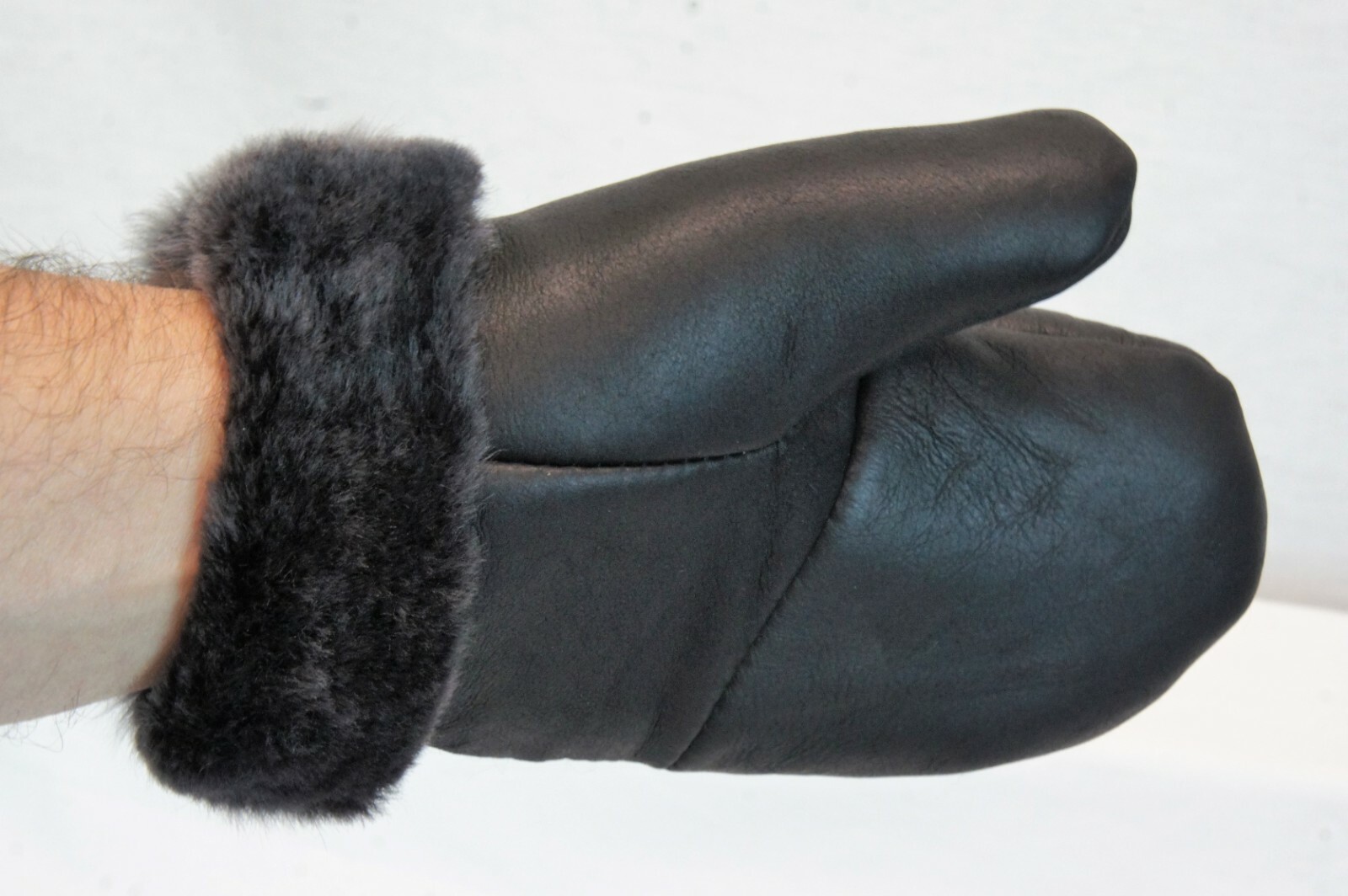 REAL GENUINE SHEEPSKIN SHEARLING LEATHER MITTENS UNISEX BLACK / GRAY ASH S-2XL