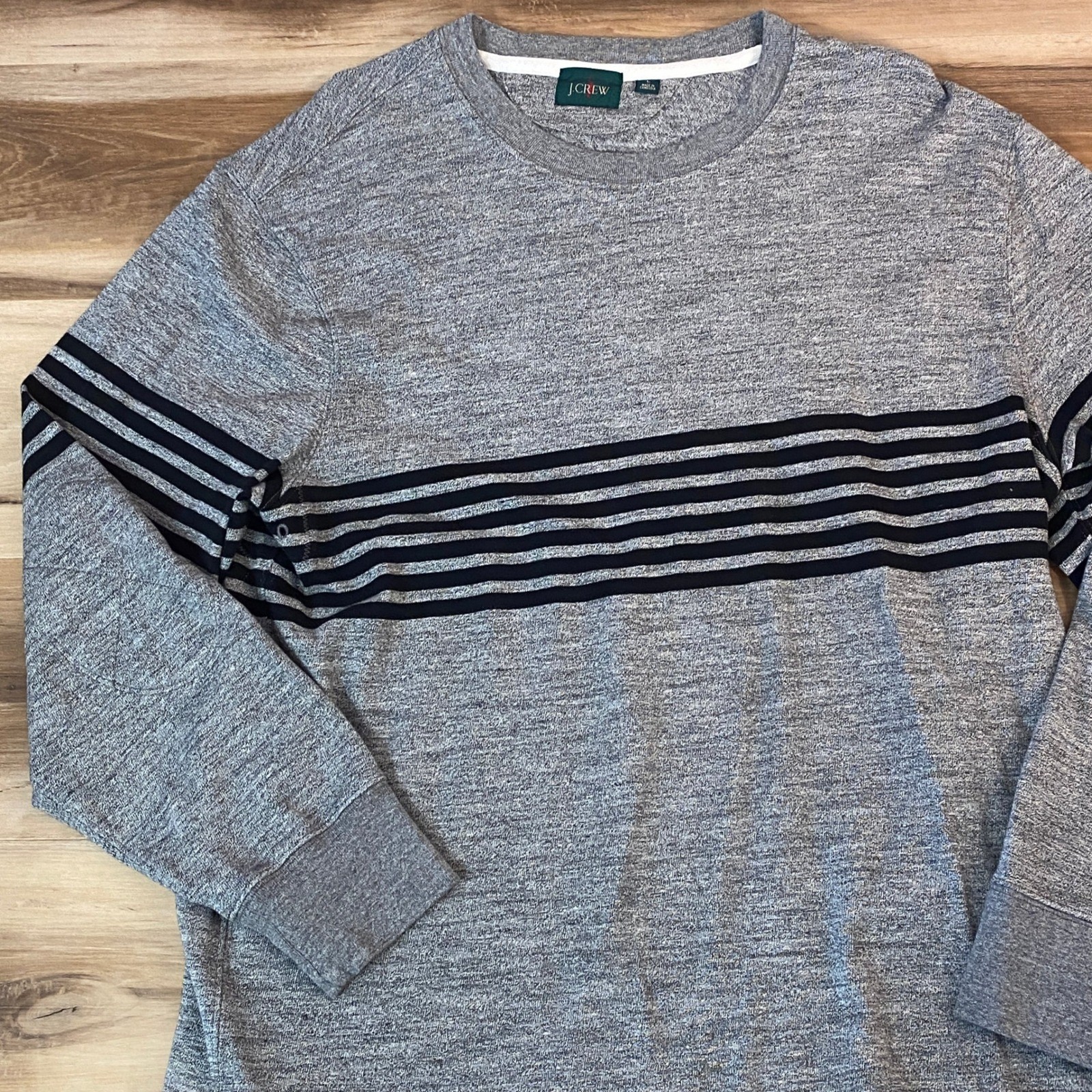 J Crew Rugby Shirt Mens Large Gray Long Sleeve Crew Neck Elbow Pads Striped