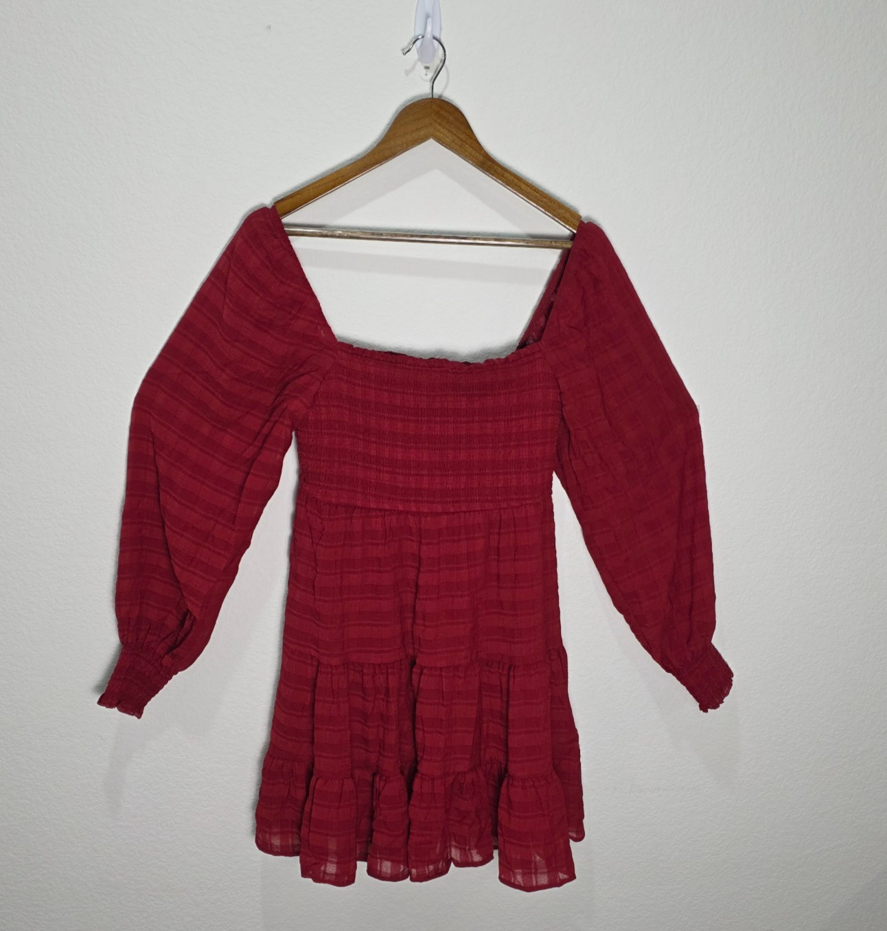 Boho Cottagecore Rust Red Smocked Long Sleeve Tiered Mini Dress L