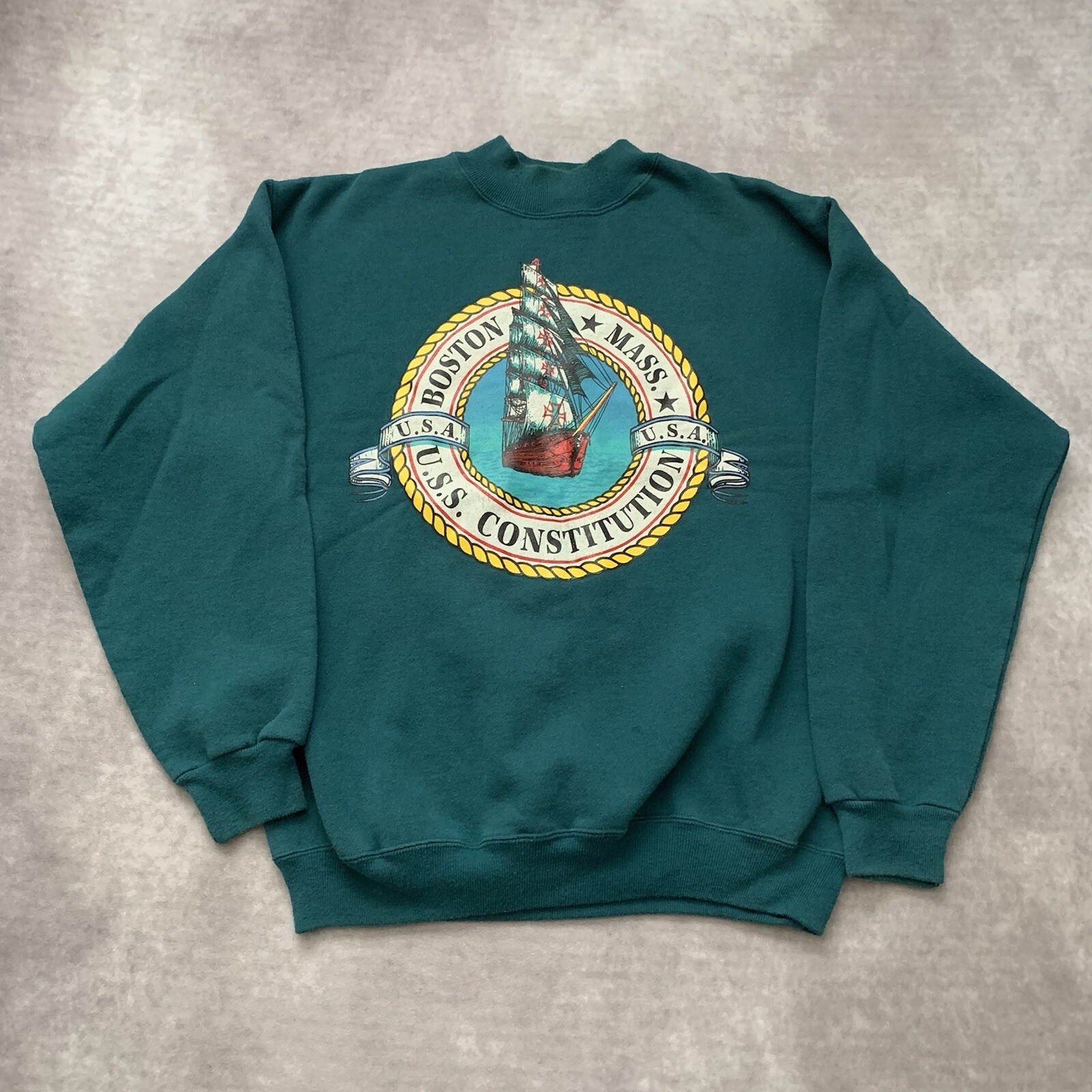 Vintage 80s USS Constitution Sweatshirt Size L Boston Nautical Port Ship Green