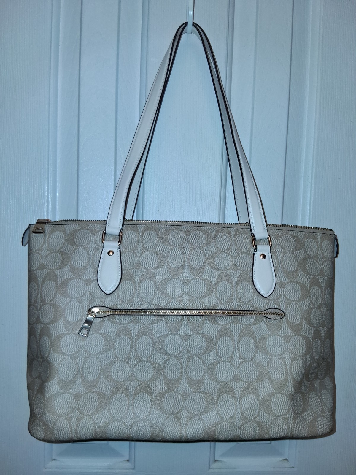 Coach CH504 Cream, Tan Canvas and Leather Signature Gallery Tote Bag Purse