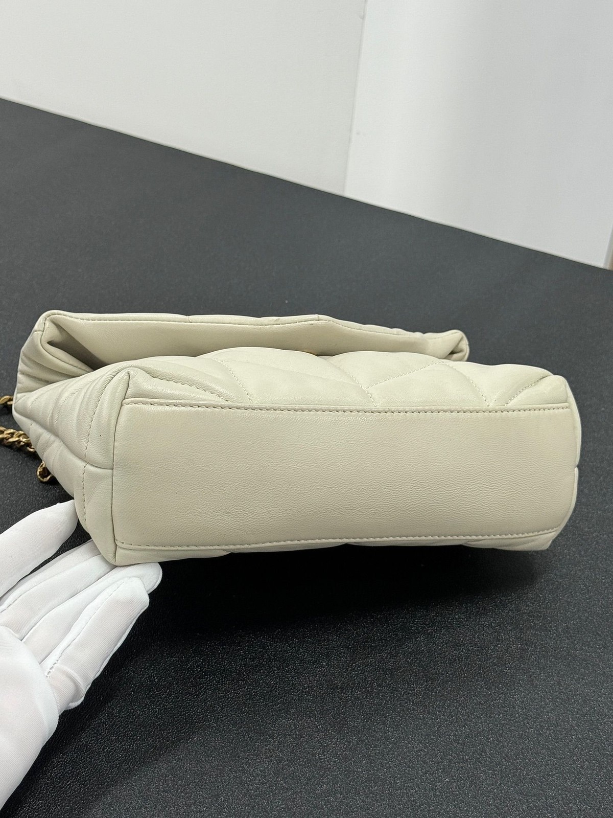 Saint Laurent Loulou Puffer Mini White Leather GHW Chain Crossbody Bag Auth