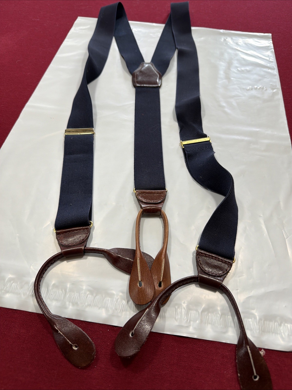Vintage CAS W Germany BLUE Suspenders BROWN Leather Button Tab Braces Y strap OS