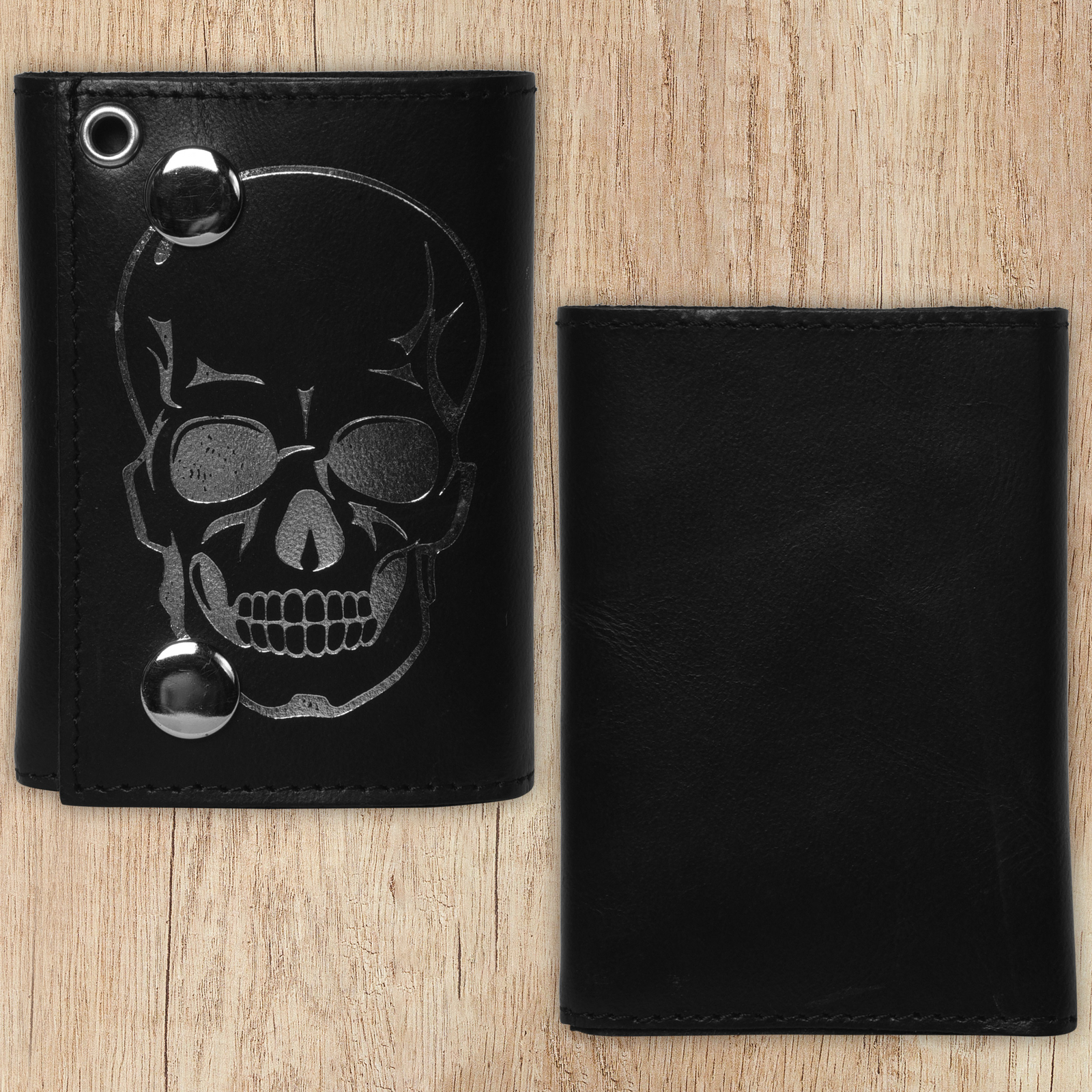 Leatherboss Genuine Leather Men Cool Skull Trifold Wallet Chain Biker, Black