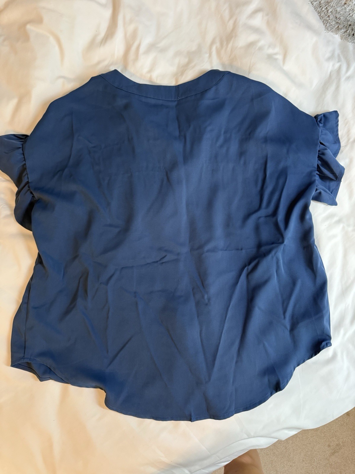 Women’s L Blue Lightweight Short Sleeve Summer Blouse: Work button detail ruffle
