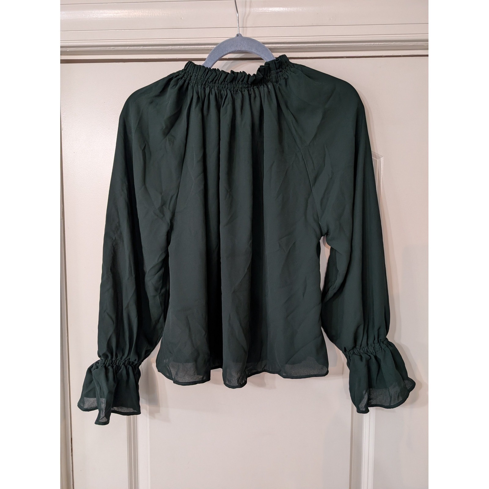 Madewell Womens XXS Dark Green Blouse Long Sleeve Smocked Neck Ruffle Cuffs NWTs