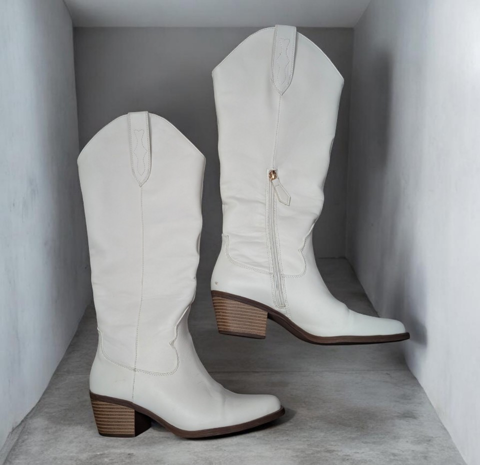 BP Willa White Western Knee High Boots Pointed Toe Side Zip Women’s 7 M