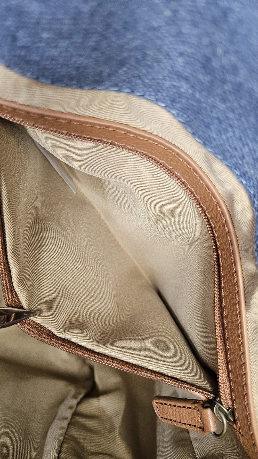 LEVENGER Blue Navy Dark Denim Canvas Brown Leather Medium Pocket Tote Bag Purse