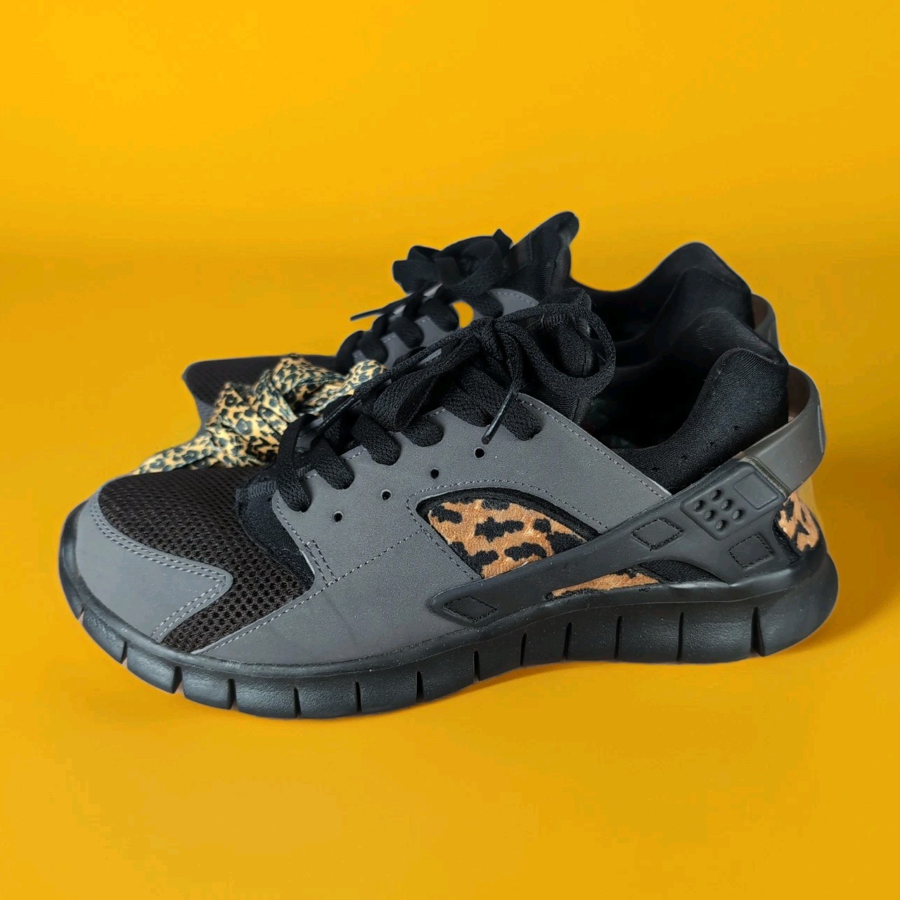 Men 8, Women 9.5 Cute Custom Nike Huarache Free BHM Leopard Cheetah Print Black
