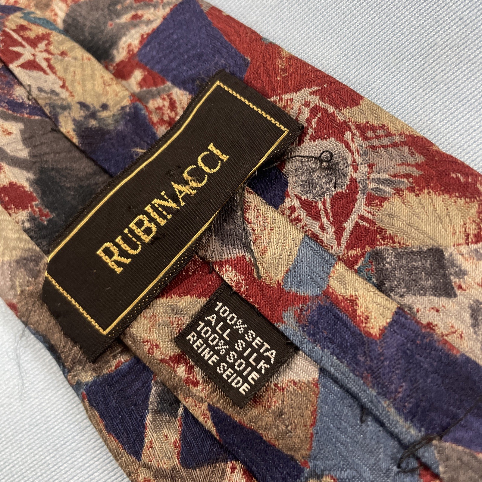 Rubinacci Silk Neck Tie MCM Mod Abstract Art Splat Brown Red Blue vtg 4×59 Wear