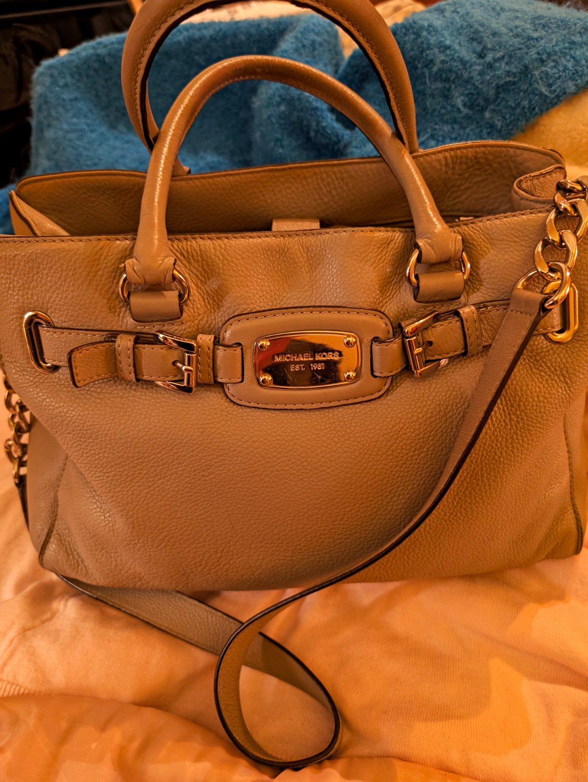 Michael Kors Taupe Pebbled Satchel Top Handle Crossbody Strap Silver HW Zip