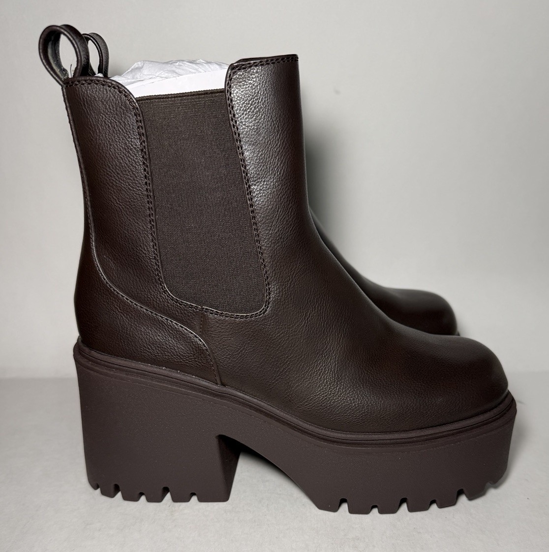 BURUDANI Chelsea Ankle Boots Pull On 4 inch Chunky Wedge Heel Brown Size 9 NEW