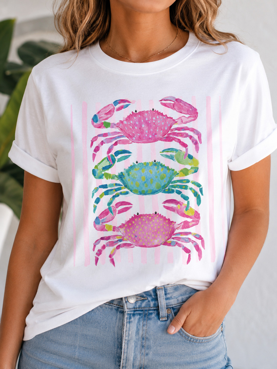 Colorful Crabs Beach T-Shirt Pink Blue Green Crab Summer Vacation Shirt