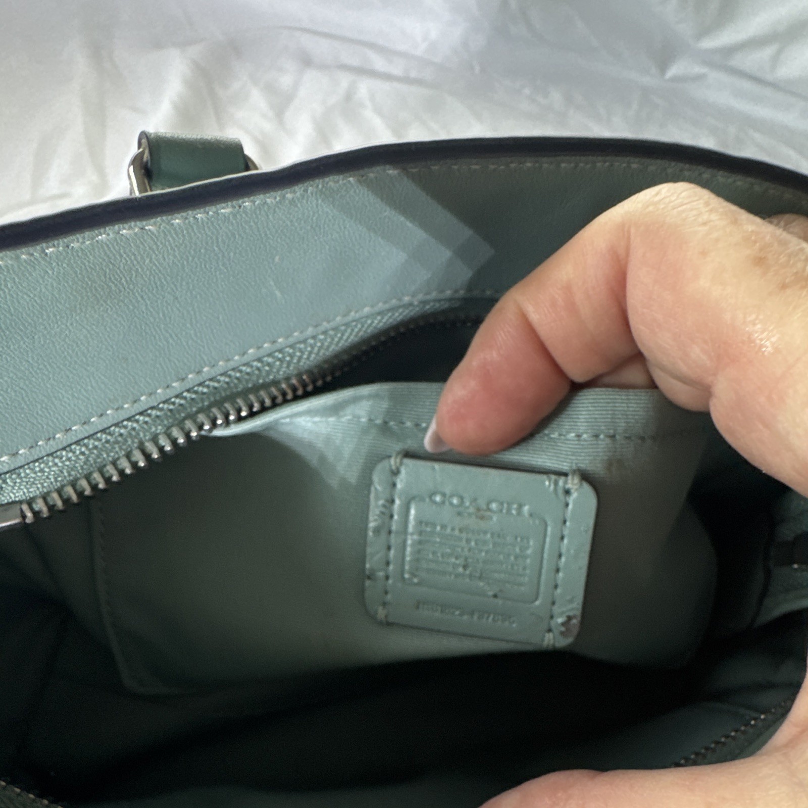 Coach Light Blue Pebbled Leather Satchel, Zip, Silver Hardware, Pockets, Studs