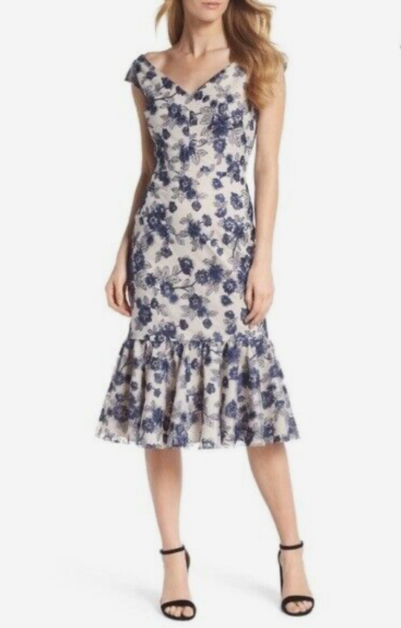 Gal Meets Glam Rosemary Dress Beige Navy Blue Floral Embroidered Midi sz 4