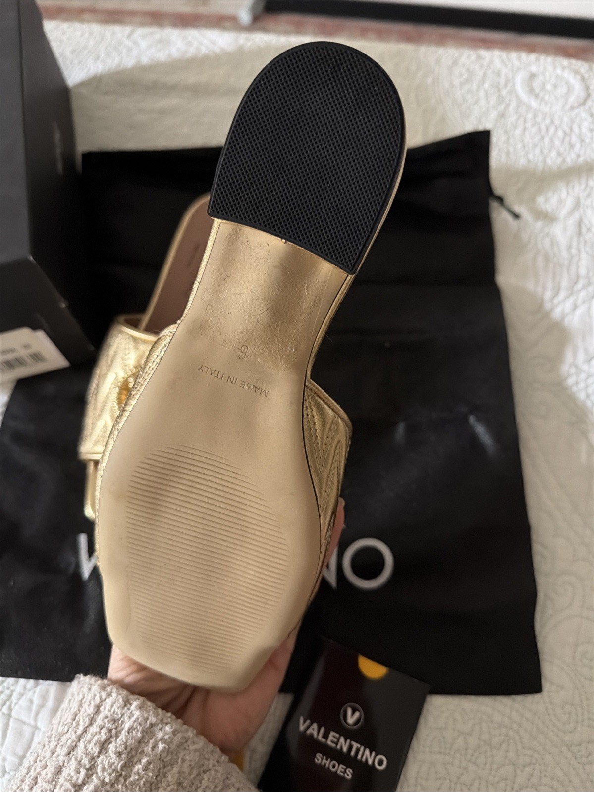 VALENTINO AFRODITE LOGO QUILTED LEATHER SLIP-ON SANDALS IN GOLD 6