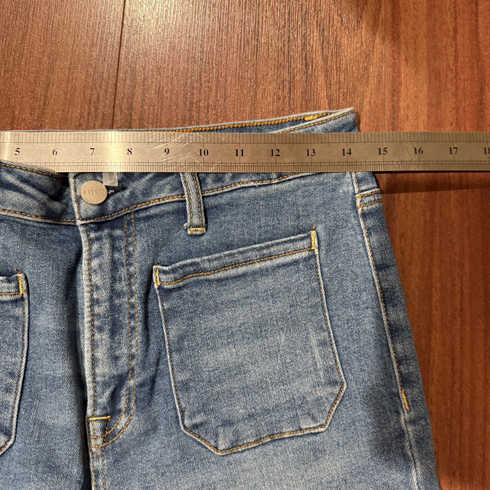 Risen Jeans High Rise Front Slit Frayed Flare Distressed Blue Denim Sz 11/30