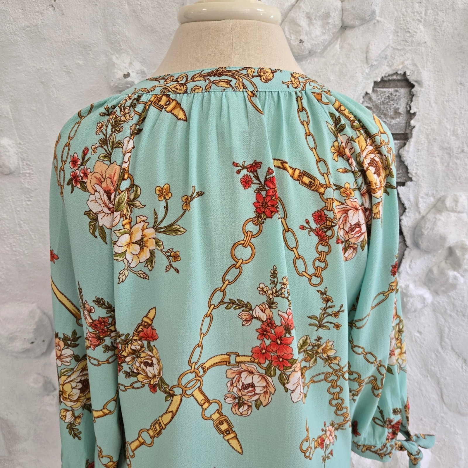 Fig and Flower Peasant Romantic Boho Floral Chain Baroque Tie Cuff Blouse Size M