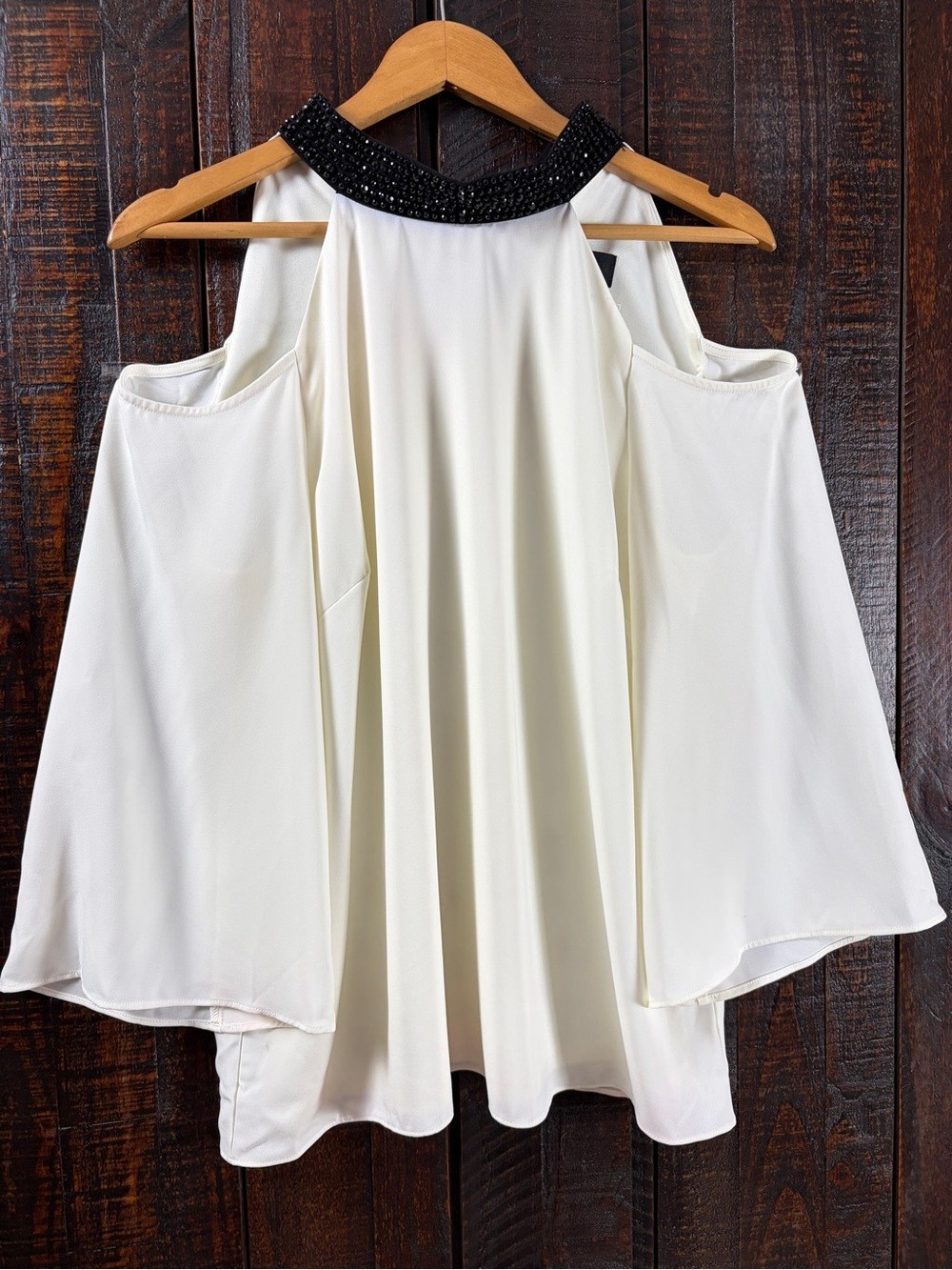 MSK Off-white Cold-Shoulder Dressy Halter Top with Embellished Neckline Large
