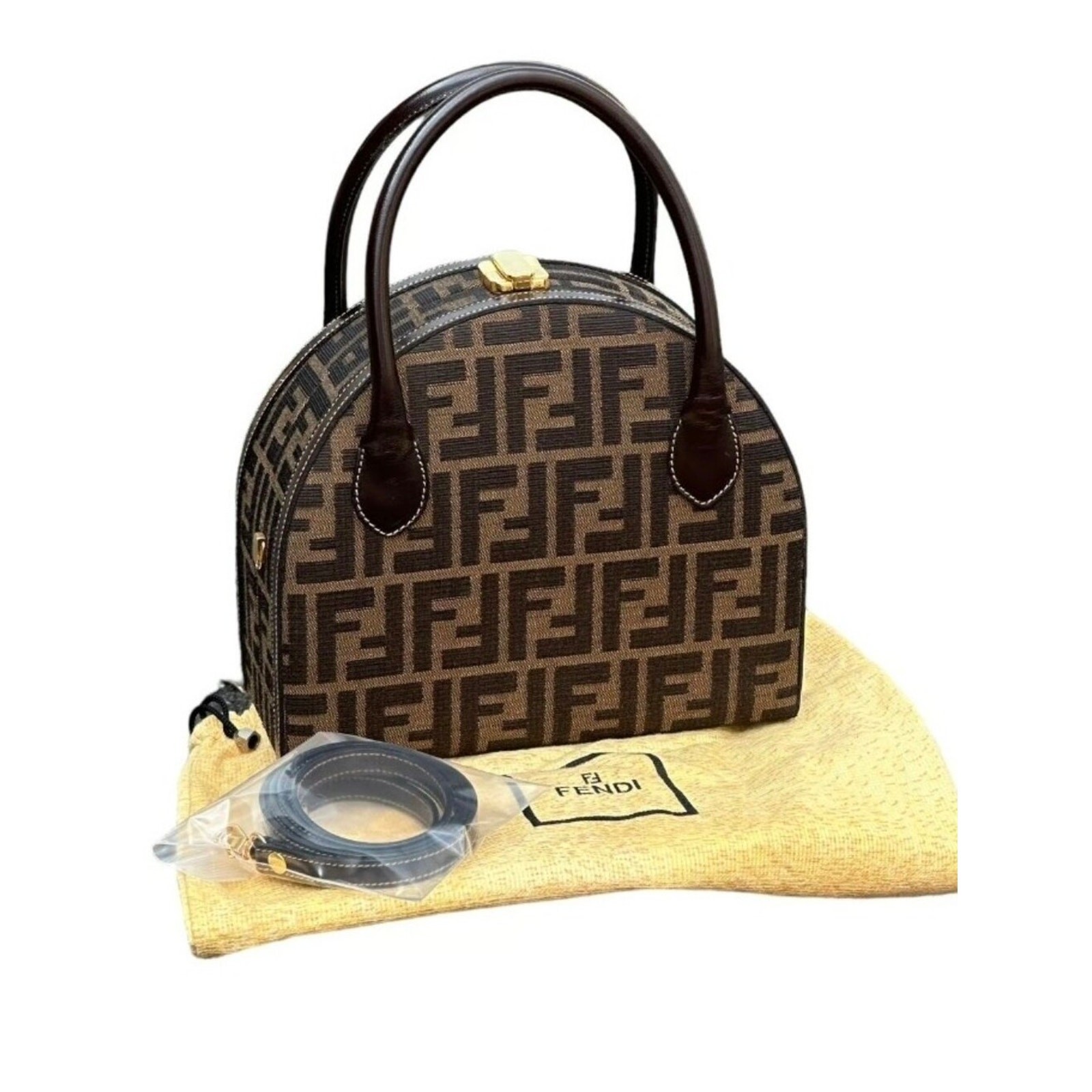 Auth Fendi Zucca FF Round Dome Vanity Crossbody Bag
