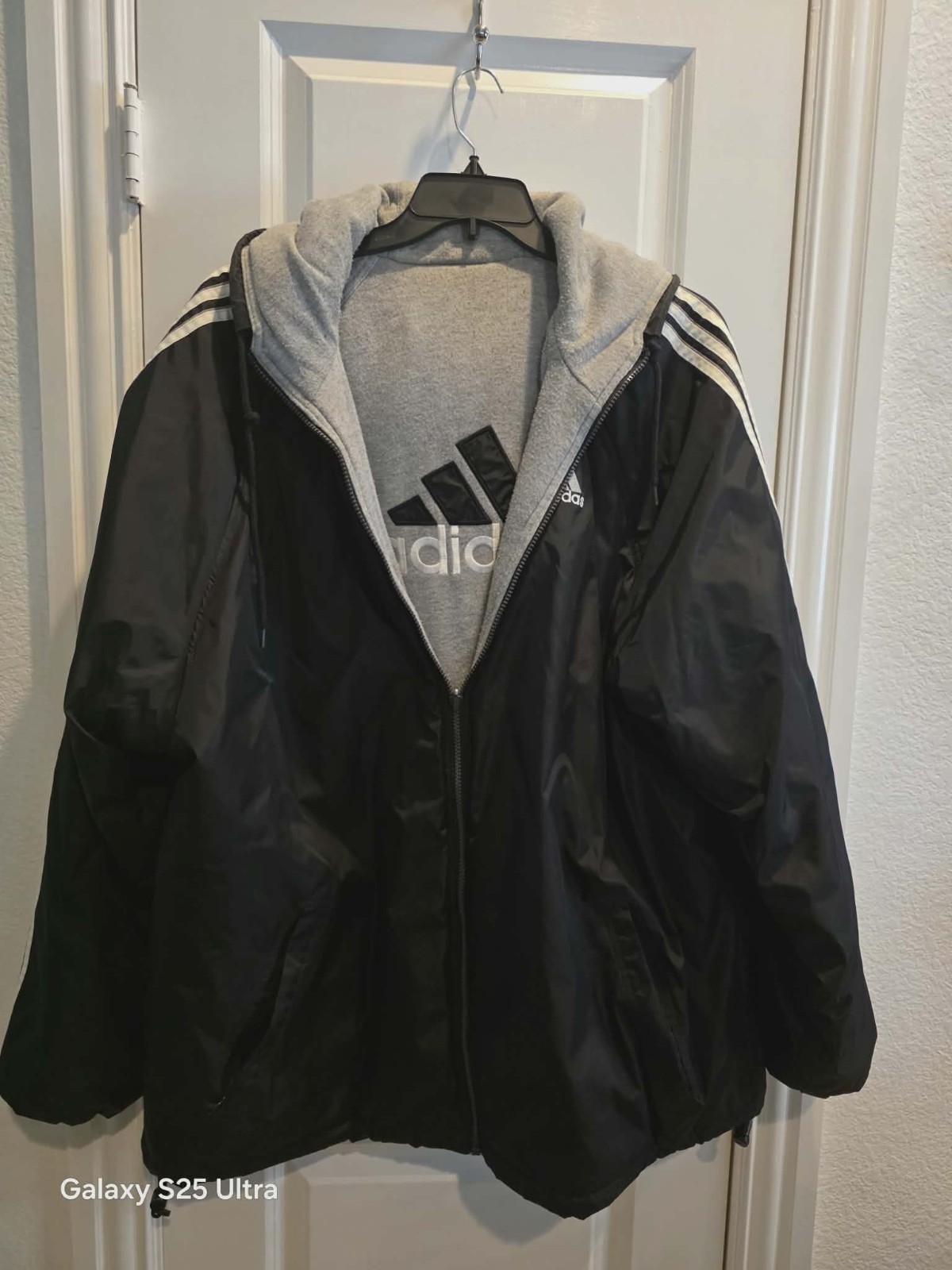 Vtg Adidas Jacket XXL Y2K Reversible Hooded Full Zip 3 Stripe Bomber Winter
