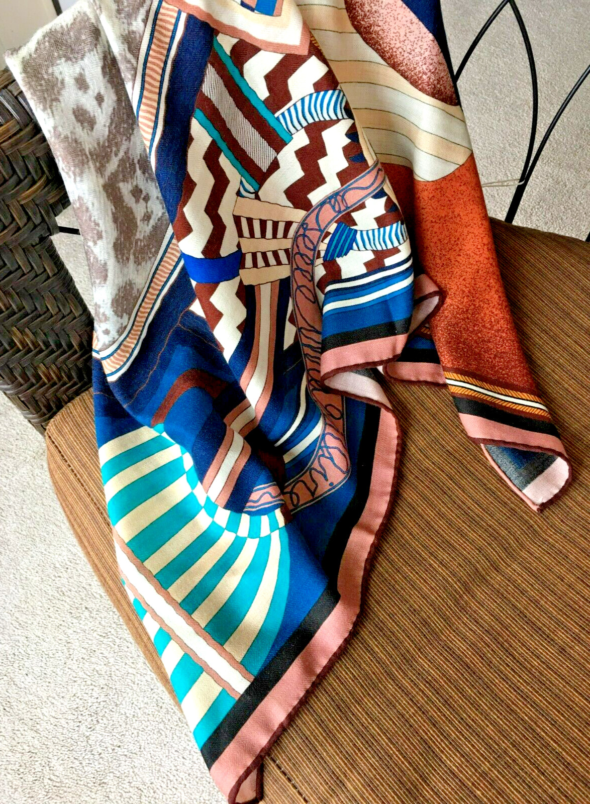 41″x41″Blue Saddle Print 70% Cashmere 30% Silk Thin Scarf Shawl 105x105cm 12-14