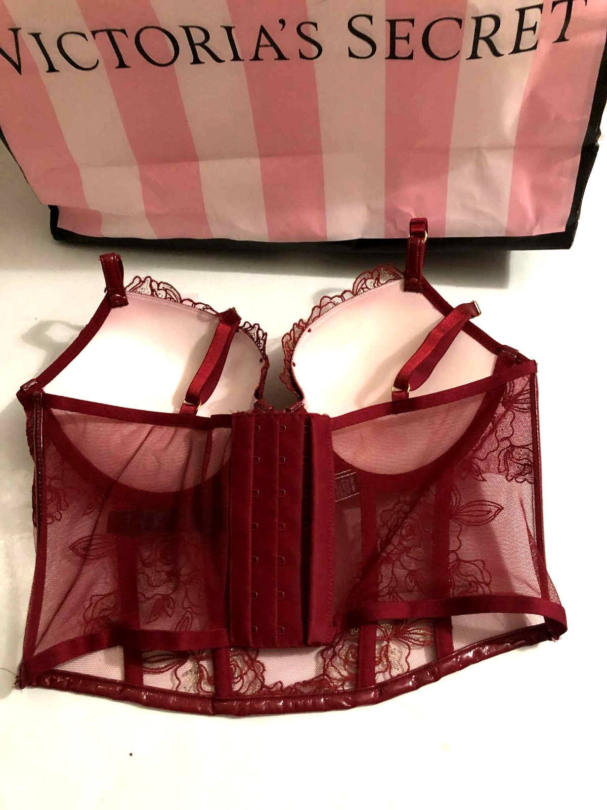 Victoria’s Secret Very Sexy Push Up Corset Bra Lace Faux Leather Deep Red NWT