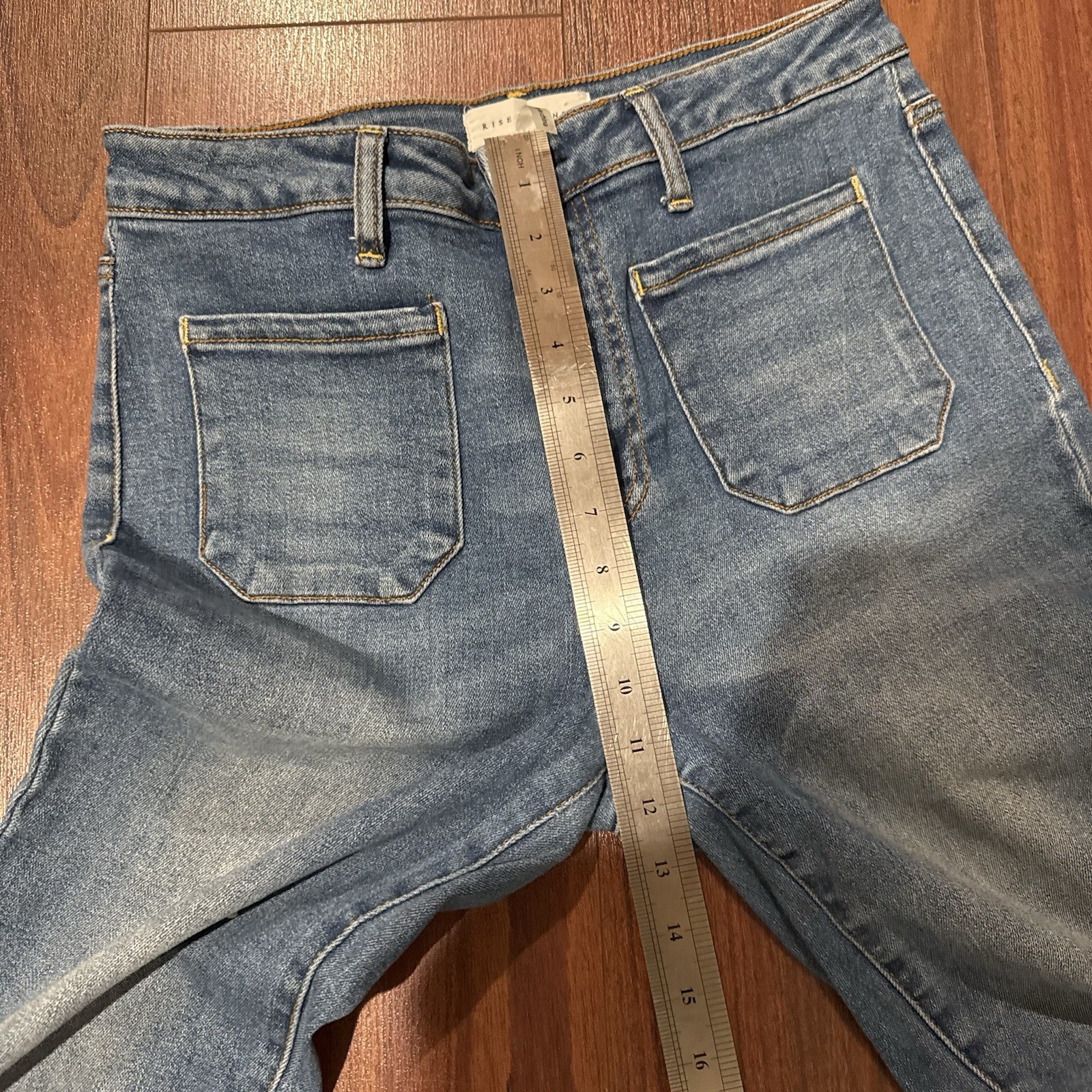 Risen Jeans High Rise Front Slit Frayed Flare Distressed Blue Denim Sz 11/30