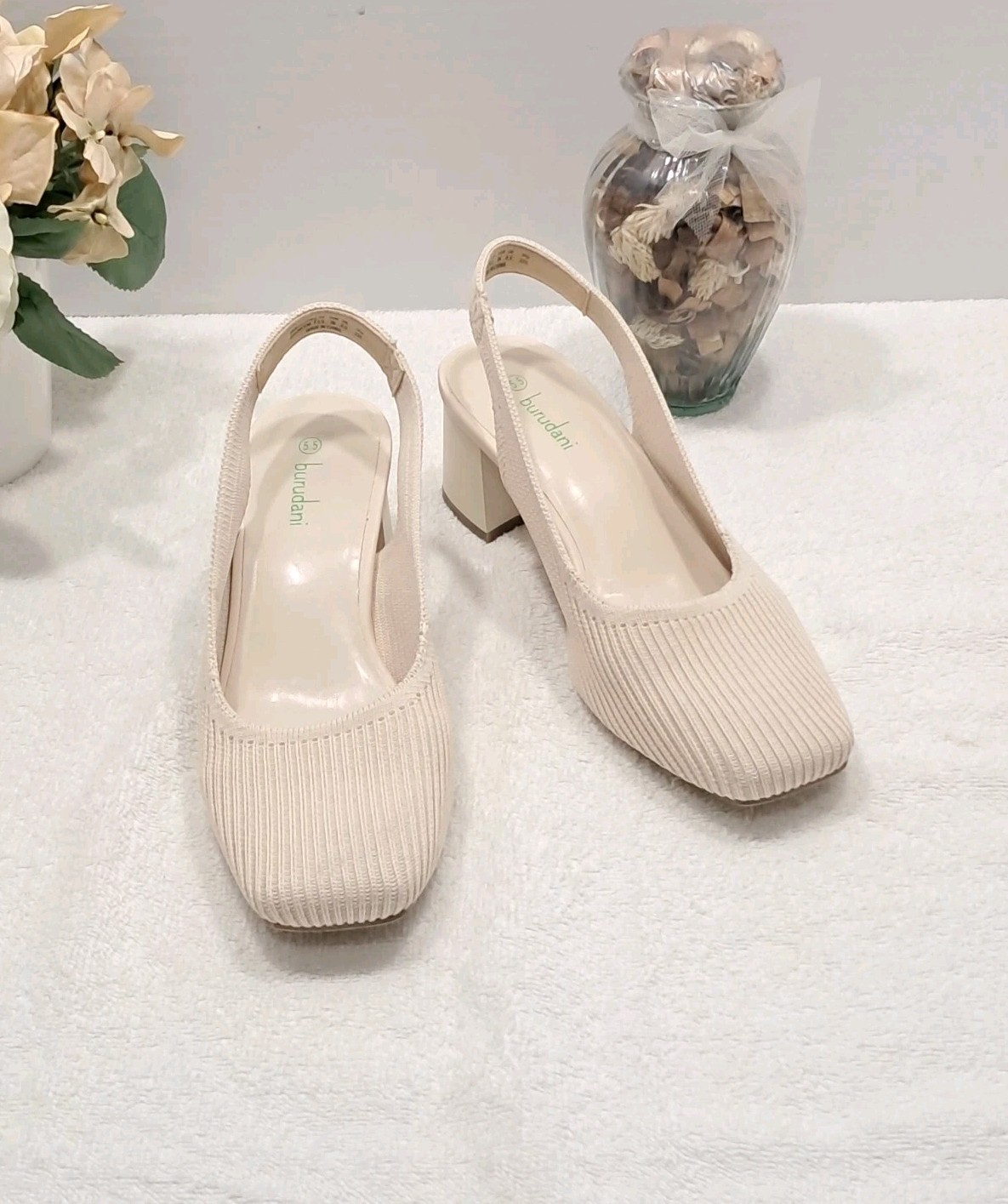 BURUDANI Women Beige Low Chunky Block Heel Square Toe Slingback Knit Pumps Sz5.5