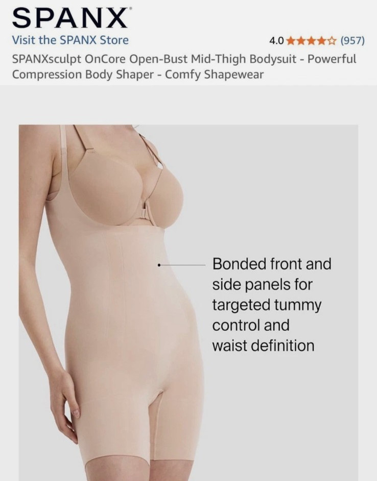 SPANX Sculpt Sz M OnCore Open Bust Mid Thigh Bodysuit Nude Slimming Shapewear