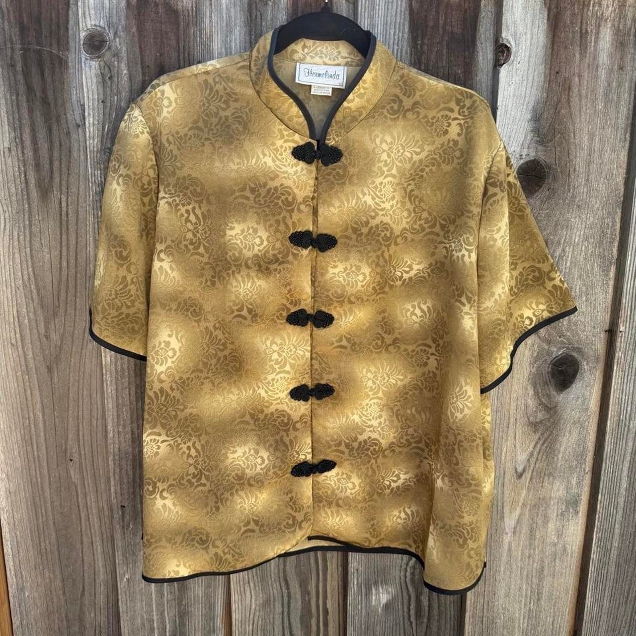 Vintage Hermelinda Gold and Black Blouse with Floral Pattern Beaded Buttons