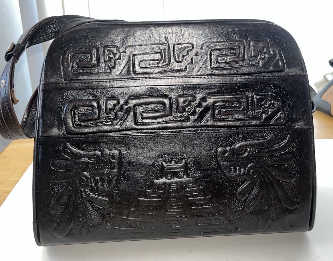 Vintage 1970s hand tooled Mexican Black leather Mayan Warrior shoulder bag purse