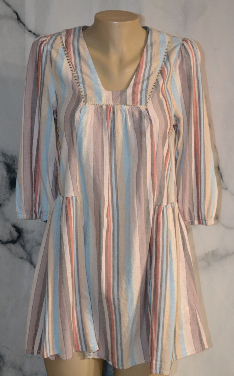 KNOX ROSE Ivory Multicolor Striped Shift Dress Small 3/4 Sleeves Rayon Linen Bld